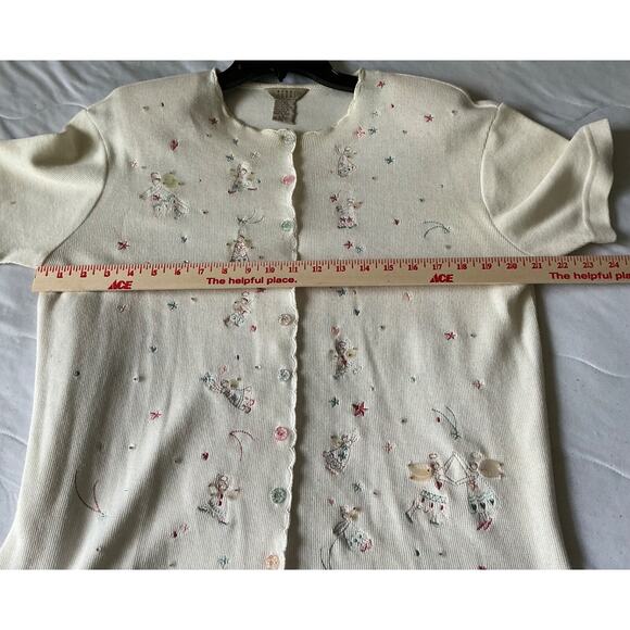 Vintage TEDDI Woman Short Sleeve Sweater Embroidered Angels Crystal Button Small - Picture 6 of 14